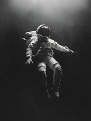 Fototapeta premium An astronaut floating in space, in black and white photography, with high contrast, hyper-realistic, and cinematic lighting. in black backgraund