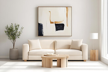 A white couch sits in front of a large abstract painting