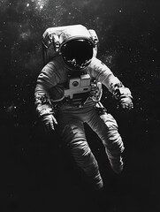 Fototapeta premium An astronaut floating in space, in black and white photography, with high contrast, hyper-realistic, and cinematic lighting. in black backgraund