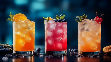 Three refreshing cocktails with ice and fruit garnishes on a dark background.