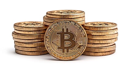 Golden Bitcoin cryptocurrency coins are stacked neatly against a white background.