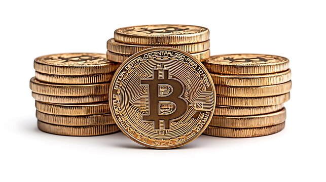 Golden Bitcoin cryptocurrency coins are stacked neatly against a white background.