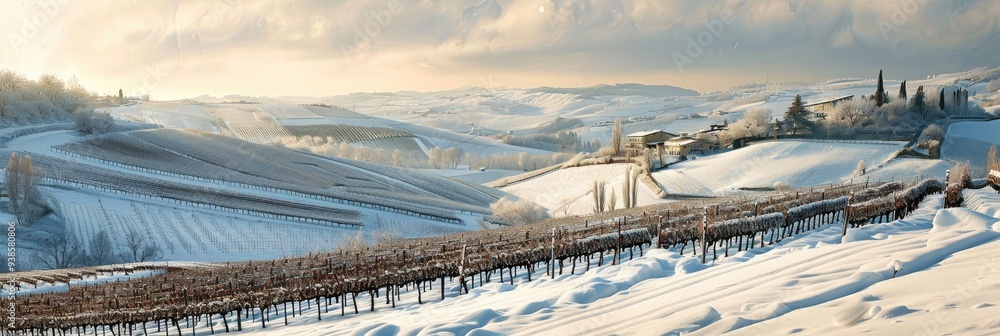 Poster Snow-covered vineyards on a scenic hill during winter