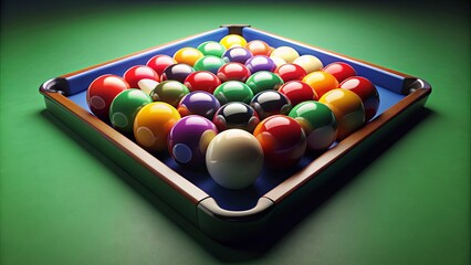 Colorful billiard table with a variety of colorful balls , entertainment, leisure, sports, game, pool, cue, green