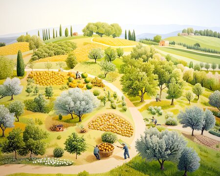 A vibrant countryside landscape showcasing orchards, rolling hills, and diligent workers harvesting fruits.