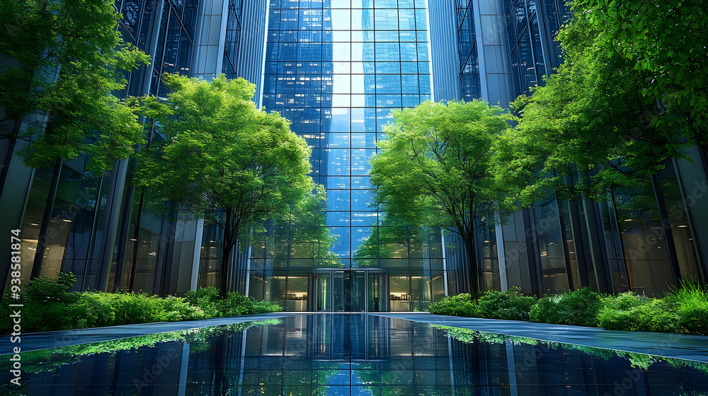 Poster two trees stand on either side of a reflecting pool in front of a modern office building.