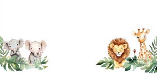 Playful watercolor animals, including elephant, lion, and giraffe, surrounded by lush greenery, perfect for children's decor.