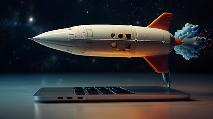 Obraz premium Close up of laptop keyboard launching rocket 