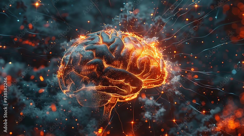 Poster abstract digital rendering of a glowing human brain, representing thought, intelligence and complex 