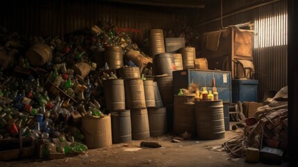 A Pile of Bottles and Barrels in a Dark, Dusty Warehouse