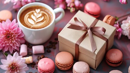 A latte with intricate art, a gift box, and macarons surrounded by pink flowers create a charming scene.