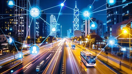 Illustration smart city with network of connected devices technologies for bustling urban landscape at night futuristic innovation connectivity concept.