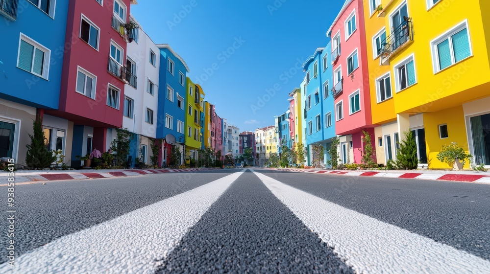 Poster a street with mixed-use structures that combine housing and recreational areas in urban design