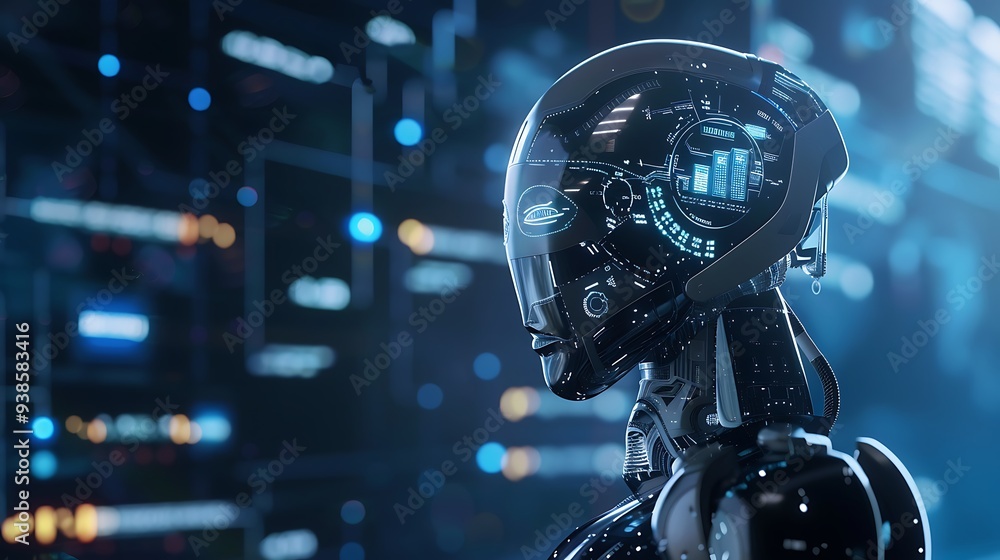 Poster futuristic robot with a digital interface on its head stands in a cyberspace environment, showcasing