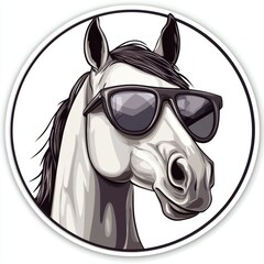 Sticker of a horse wearing sleek black glasses in circle shape, cute cartoon, flat vector illustration, on white background, digital sticker, clipart, icon 