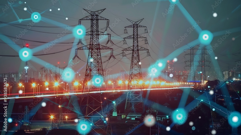 Poster smart grid network with power towers and transmission lines against a cityscape backdrop.