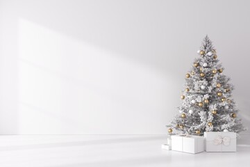 3d modern interior room with Chrismas tree. Empty white wall and white floor background. Interior minimal, cozy and homey style for Chrismas festival or text for advertising. 3d rendering.