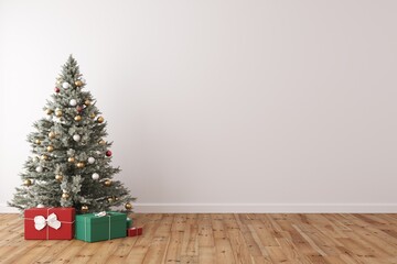3d modern interior room with Chrismas tree. Empty white wall and wooden floor background. Interior minimal, cozy and homey style for Chrismas festival or text for advertising. 3d rendering.
