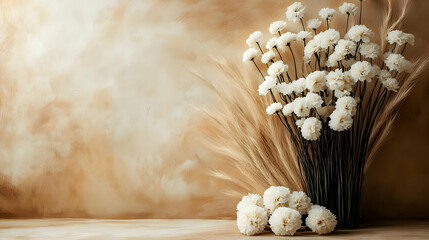 White flowers with beige grass against a tan wall.