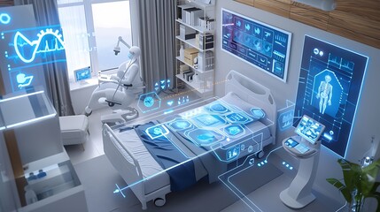 modern hospital room with advanced technology future of healthcare. The room features digital screens medical devices virtual assistant for providing patients personalized care diagnostics.