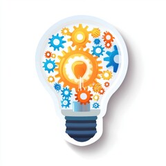 Sticker of a lightbulb with gears in circle shape, flat vector illustration, on white background, digital sticker, clipart, icon 