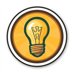 Sticker of a lightbulb in circle shape, flat vector illustration, on white background, digital sticker, clipart, icon 