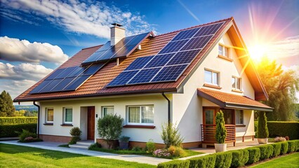 House with solar panels on the roof. Sustainable and clean energy at home, solar panels, rooftop