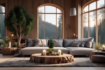 Sofa with gray cushions and tree stump coffee table with candles at the window with forest view. Scandinavian home interior design modern living room in chalet. 3d rendering