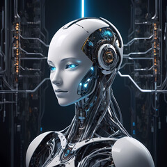 Cybernetic Awakening: A futuristic female android, with glowing blue eyes and intricate circuitry, gazes intently amidst a network of digital pathways.