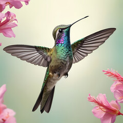 Obraz premium Hummingbird, tiny bird, hovers near colorful flower, wings blur in flight, sipping nectar