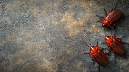 Three red cockroaches crawling on dark grey textured surface