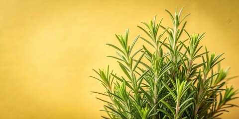 Fototapeta premium Rosemary plant with light yellow background, rosemary, herb, green, yellow, background, plant, aromatic, cooking, ingredient