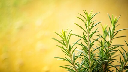 Naklejka premium Soft focus rosemary plant on light yellow background , herbs, greenery, organic, botanical, fresh, aromatic, cooking