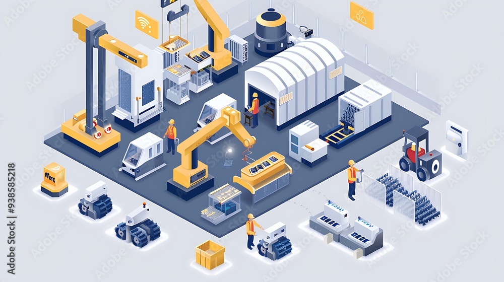 Poster smart factory with automated machines, robots and workers, showcasing modern production and digital 