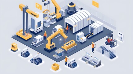 Smart factory with automated machines, robots and workers, showcasing modern production and digital transformation.