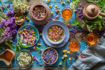A table with a variety of flowers and teas, including a teapot