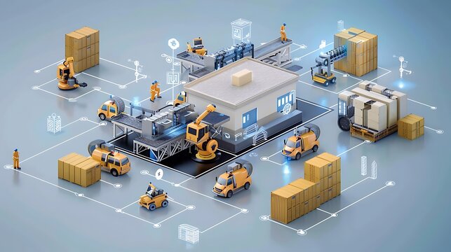 3D illustration of automated warehouse and factory showcasing robotic and automated systems for efficient production, logistics, and distribution.