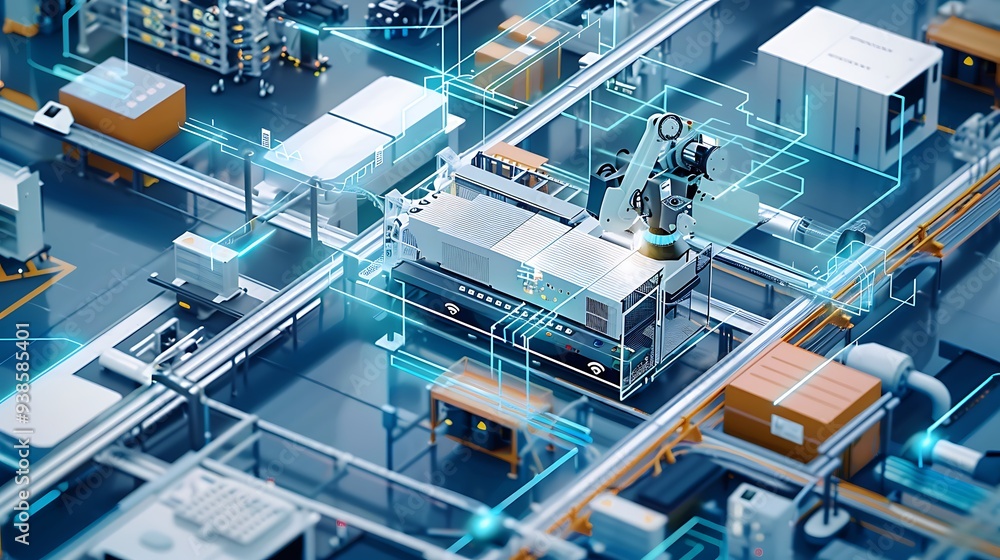 Poster automated factory production line, featuring robotic arms, conveyor belts interconnected machines sc