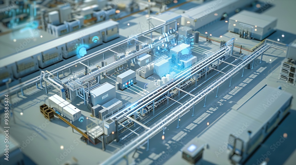 Poster digital illustration of a smart factory with automated processes, showcasing the integration of tech