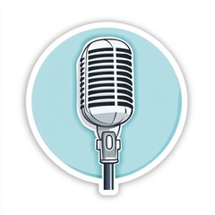 Fototapeta premium Sticker of a microphone in circle shape, flat vector illustration, on white background, digital sticker, clipart, icon 