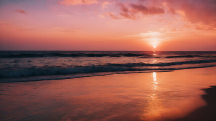 A serene sunset over a calm ocean with soft pink and orange hues