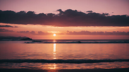 A serene sunset over a calm ocean with soft pink and orange hues