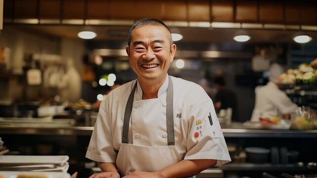 Sushi chef smiling at a counter