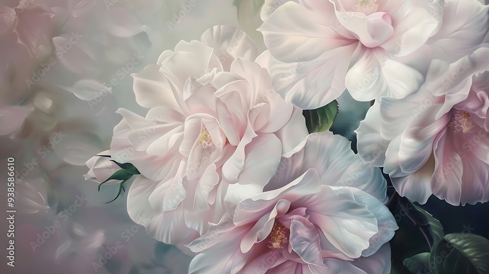 Wall mural A close-up of delicate pink flowers with soft petals, creating a serene and artistic floral composition.