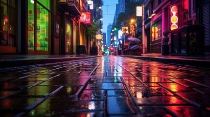 Reflective Cityscape with Neon Lights