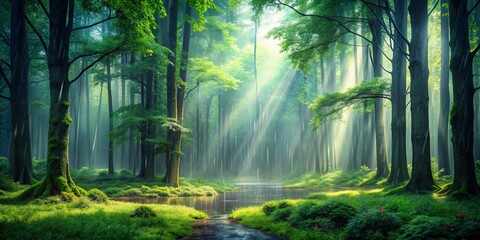 Naklejka premium Mystical atmosphere in a deep forest after rain, lush, green, trees, nature, wet, foliage, tranquil, peaceful, misty, damp
