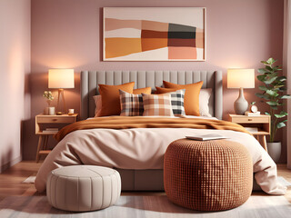 3d illustration. Cozy bedroom in warm colors with painting, a nightstand, a pouf, and a plaid. Front view
