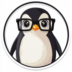 Fototapeta premium Sticker of a penguin wearing square black glasses in circle shape, cute cartoon, flat vector illustration, on white background, digital sticker, clipart, icon 