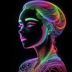 Portrait of a beautiful girl drawn with neon lines on a black background. Illustration of a young woman, futuristic, artificial mind concept,science fiction, glossy neon reflections. Night club poster