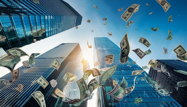 オフィス街に散る紙幣、金融危機のイメージ2